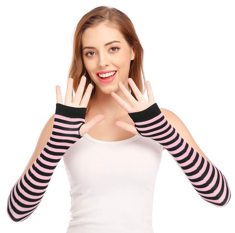 Bienvenu Punk Gothic Rock Long Arm Warmer Fingerless Gloves,Black Pink - Image 2